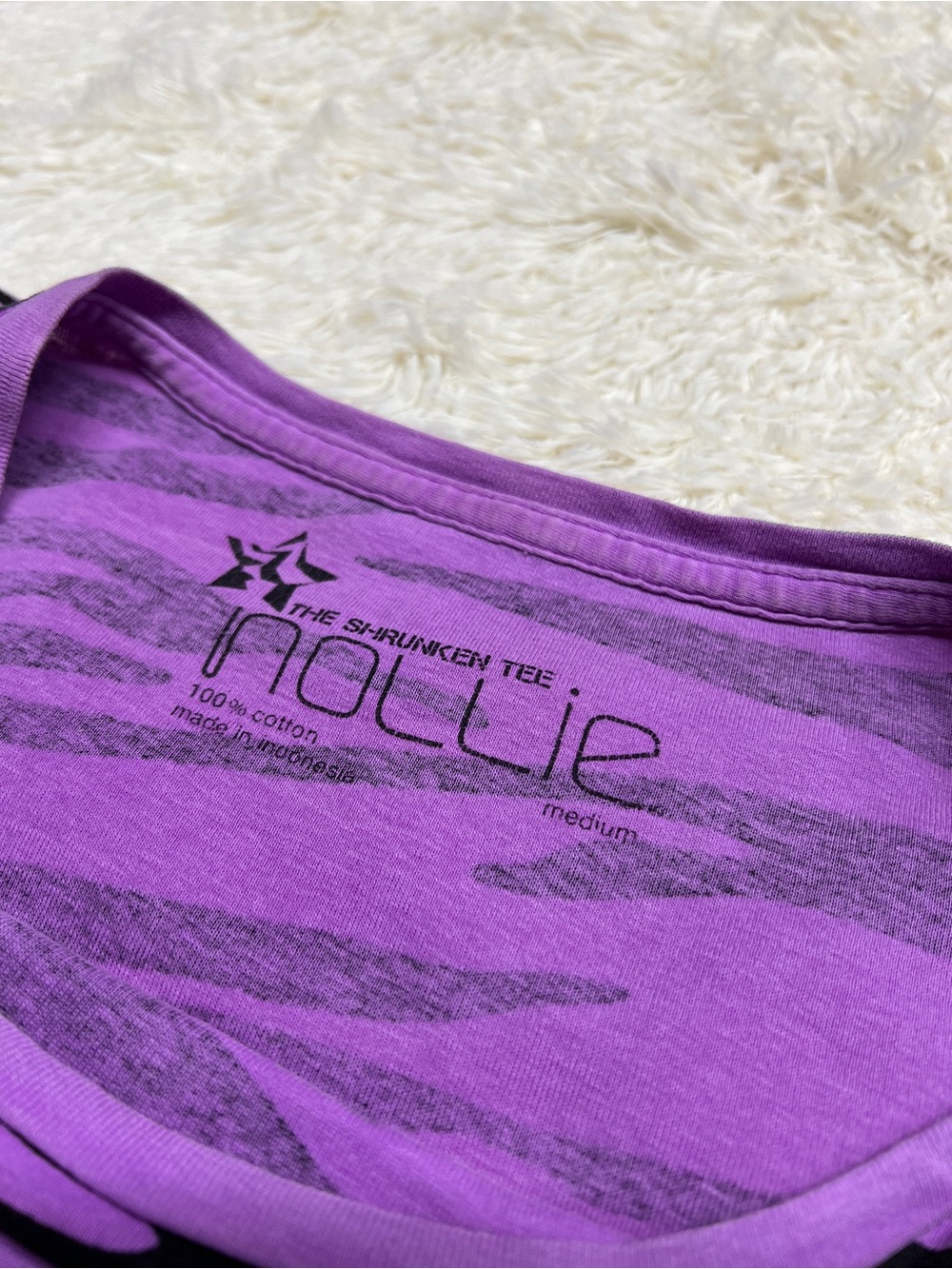 Nollie Purple and Black Zebra Stripe Short Sleeve Baby Doll Tee Y2K Scoop Neck - Picture 4 of 11